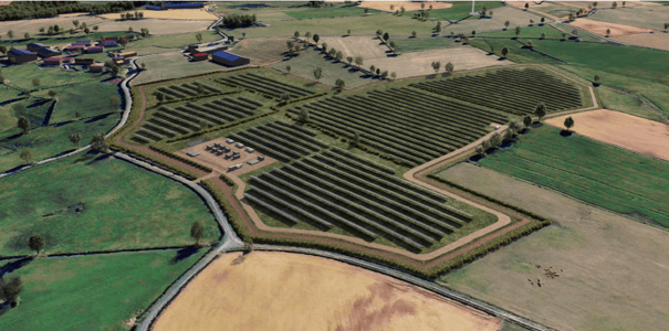 Vue aérienne en 3D de l'implantation prévue des panneaux photovoltaïques sur le site de Chambonchard.