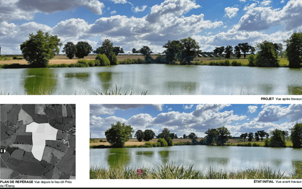 Vue panoramique au sol d'un point d'eau à proximité du site avant et après travaux, vue depuis le lieu-dit Près de l'Étang.