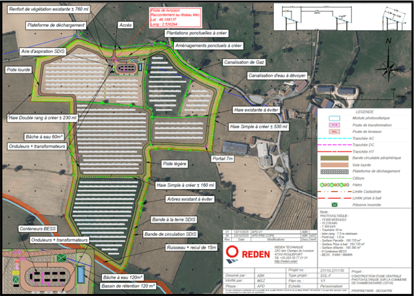 Plan d'implantation technique établi par le Bureau d'Études REDEN, avec légende et annotations du projet agrivoltaïque.