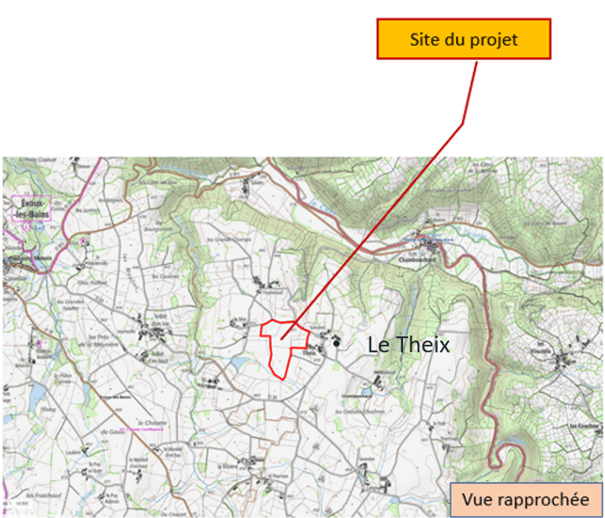 Carte topographique de la région de Chambonchard (Creuse), avec le site du projet entouré en rouge et repéré « Site du projet ».